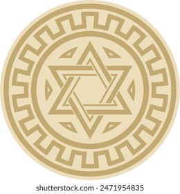 Vector round golden jewish national ornament. Star of David. Semitic folk circle, pattern. Israeli ethnic sign, ring.
