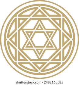 Vector round golden jewish national ornament. Star of David. Semitic folk circle, pattern. Israeli ethnic sign, ring.
