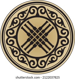 Vector round golden Kazakh national ornament shanyrak. Circle hole on the roof of the yurt. Ethnic pattern of nomadic peoples of the Great Steppe, Kyrgyz, Mongols, Bashkirs, Buryats, Kalmyks.
