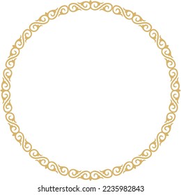 Vector round golden Kazakh national frame. Ornamental circle. Ethnic pattern of nomadic peoples of the Great Steppe, Kyrgyz, Mongols, Bashkirs, Buryats, Kalmyks