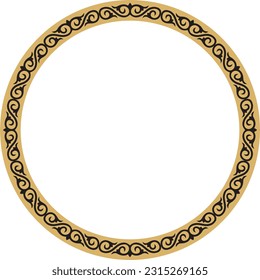 Vector round golden Kazakh national frame. Ornamental circle. Ethnic pattern of nomadic peoples of the Great Steppe, Kyrgyz, Mongols, Bashkirs, Buryats, Kalmyks