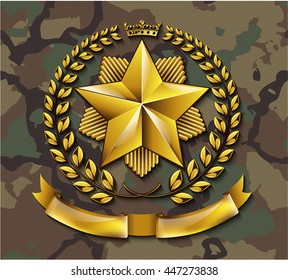 Vector round golden laurel wreath award frame isolated on white background. Heraldic or coat of arms element with crown, star and ribbon. Victory, honor achievement, quality product, anniversary