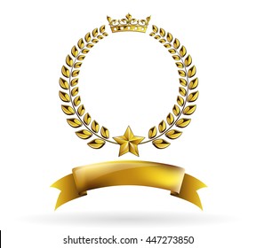 Vector round golden laurel wreath award logo frame isolated on white background. Heraldic or coat of arms element with crown, star and ribbon. Victory, honor achievement, quality product, anniversary