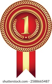 Vector round golden and red gradient frame with floral border and ribbon on transparent background