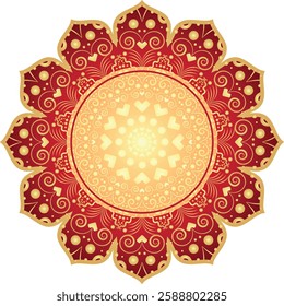 Vector round golden and red gradient frame with pattern on transparent background