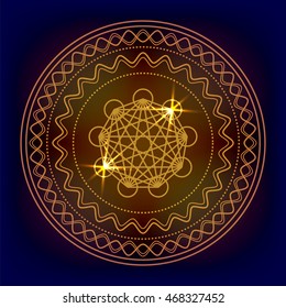 Vector round golden symbol on dark background. Circle decorative ornament.  Design for logo, game, cover, card.