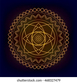 Vector round golden symbol on dark background. Circle decorative ornament.  Design for logo, game, cover, card.