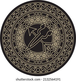 Vector round golden Yakut national ornament on a black background. Ethnic amulet of the peoples of the Far North, Siberia, taiga and tundra. Family amulet of the Republic of Sakha. Arrow and scissors.
