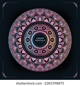 Vector Round gradient mandala or boho mandala in pink colors. Mandala with floral patterns. Coloring page and yoga template