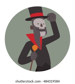 Vector round gray frame with cartoon image of Baron Samedi in a black tail coat, a black-red top hat, with a brown cane in his hand greeting someone in the center on a white background. Halloween. 