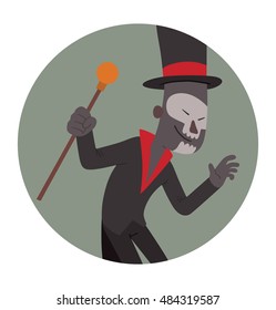 Vector round gray frame with cartoon image of Baron Samedi in a black tail coat, a black-red top hat with brown cane in his hand frightening someone in the center on a white background. Halloween. 