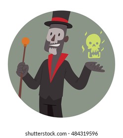 Vector round gray frame with cartoon image of Baron Samedi in a black tail coat, a black-red top hat with brown cane and with a green skull in the hands in the center on a white background. Halloween.