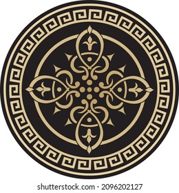 Vector Round Greek Gold On The Black Background Ornament. Meander In A Circle. Circular Pattern. The Architecture Of Ancient Rome. Gold Coin
