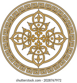 Vector Round Greek Gold Ornament. Meander In A Circle. Circular Pattern. The Architecture Of Ancient Rome. Gold Coin
