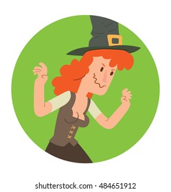 Vector round green frame with cartoon image of funny witch with red hair in a brown dress and black pointed hat standing and frightening someone in the center on a white background. Halloween.