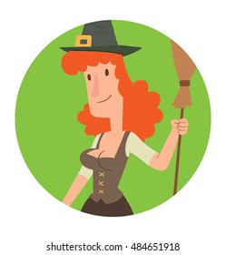 Vector round green frame with cartoon image of funny witch with red hair in a brown dress and black pointed hat smiling with brown broomstick in her hand in the center on a white background. Halloween