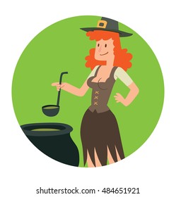 Vector round green frame with cartoon image of funny witch with red hair in brown dress and pointed hat standing next to a big black cauldron with a potion in the center on white background. Halloween