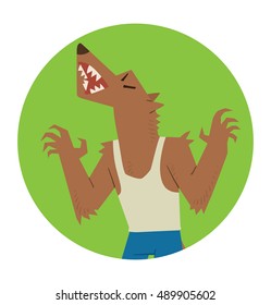Vector round green frame with cartoon image of funny brown werewolf in blue pants and a white tank top standing and howling at the moon in the center on a white background. Halloween. 