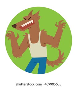 Vector round green frame with cartoon image of funny brown werewolf in blue pants and a white tank top standing and frightening someone in the center on a white background. Halloween. 