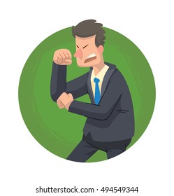 Vector round green frame with cartoon image of a businessman with curly black hair, in black suit, light-colored shirt and blue tie, fighting on a white background. Business fight. Office warrior.