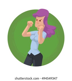 Vector round green frame with cartoon image of a business woman with wavy purple hair in black trousers and light blue blouse, fighting on a white background. Business fight. Office warrior.