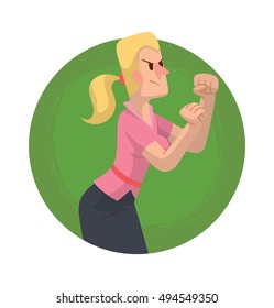 Vector round green frame with cartoon image of a business woman with blonde hair in black skirt and pink blouse, fighting on a white background. Business fight. Office warrior.