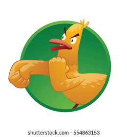 Vector round green frame with cartoon image of a funny yellow duck with red beak and paws, standing and going to fight with someone to the left in the center on a white background. Vector illustration