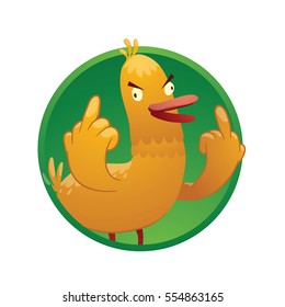 Vector round green frame with cartoon image of a funny yellow duck with red beak and paws, standing and showing fuck by the two wings in the center on a white background. Vector illustration.