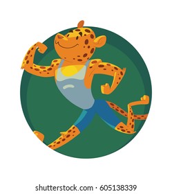 Vector round green frame with cartoon image of animals in the gym: a funny yellow spotted cheetah in blue shorts and white undershirt jogging and smiling on white background. Sports, healthy lifestyle