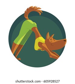 Vector round green frame with cartoon image of animals in the gym: a funny brown dog in green tights, yellow tank-top doing yoga exercise "Downward Dog" on white background. Sports, healthy lifestyle.