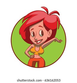 Vector round green frame with cartoon image of a funny woman with lush red hair in red shorts and yellow sports bra presenting something on a white background. Business, businessman, sale, shop.