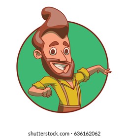 Vector round green frame with cartoon image of a funny man with brown hair and beard in brown pants and a green shirt presenting something on a white background. Business, businessman, sale, shop.
