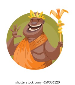 Vector round green frame with cartoon image of a funny fat bald black African king in an orange royal robe with a gold crown on his head and with a gold staff in his hand smiling on a white background