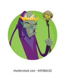 Vector round green frame with cartoon image of a funny thin evil necromancer king in a purple robe with a gold crown on his head and with a staff, with skull on the top, in hand on a white background.