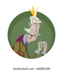 Vector round green frame with cartoon image of a funny very old thin king with a gray hair in a purple royal robe with a golden crown on his head standing hunched on a white background.