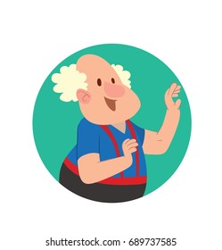 Vector round green frame with cartoon image of a funny balding fat old man with gray hair in black pants and a blue T-shirt walking somewhere and smiling on a white background. Retired, elderly.