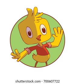 Vector round green frame with cartoon image of a funny yellow male chicken in a red shirt, standing, waving his wing and smiling on a white background. Animal, forest, positive character.