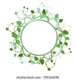 Vector. Round green frame with curls and green leaves isolated on white background