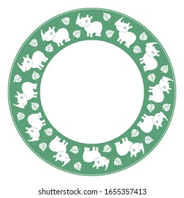 Vector round green frame with cute cartoon white rhinoceros silhouettes and leaves. Place for your text. Perfect for greetings, invitations, announcement, web and childlike design
