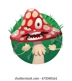 Vector round green grassy frame with cartoon image of a funny evil amanita-mushroom with red-white hat and white stipe, going to fight with someone on a white background. Forest, poisonous mushroom.