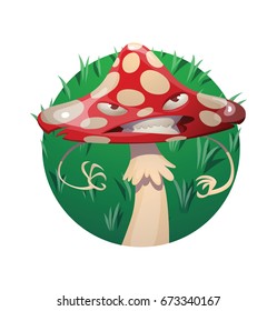 Vector round green grassy frame with cartoon image of a funny evil amanita-mushroom with red-white hat and white stipe, plotting something evil on white background. Forest, poisonous mushroom, nature.