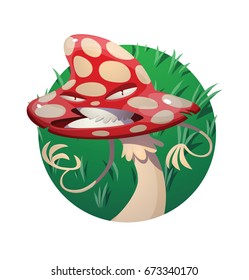 Vector round green grassy frame with cartoon image of a funny evil amanita-mushroom with red-white hat and white stipe, beckoning someone on a white background. Forest, poisonous mushroom, nature.