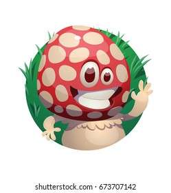 Vector round green grassy frame with cartoon image of a funny little happy amanita-mushroom with red-white hat and white stipe, waving hand on a white background. Forest, poisonous mushroom, nature.