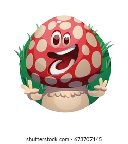 Vector round green grassy frame with cartoon image of a funny little happy amanita-mushroom with red-white hat and white stipe, smiling on a white background. Forest, poisonous mushroom, nature.