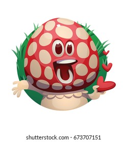 Vector round green grassy frame with cartoon image of a funny little happy amanita-mushroom with red-white hat and white stipe, with red hearts in hand on white background. Forest, poisonous mushroom.