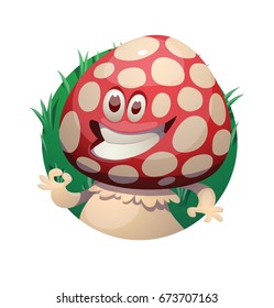 Vector round green grassy frame with cartoon image of a funny little happy amanita-mushroom with red-white hat and white stipe, showing OK sign on white background. Forest, poisonous mushroom, nature.