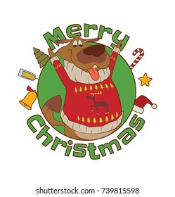 Vector round green "Merry Christmas" frame with cartoon image of a cute brown dog in a red Christmas sweater standing and smiling on a white background. Christmas, New Year, holiday, animals.