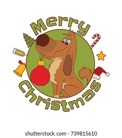 Vector round green "Merry Christmas" frame with cartoon image of a cute brown dog sitting with a red Christmas ball in his mouth on a white background. Christmas, New Year, holiday, animals.