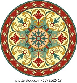 Vector round green pattern for stained glass. Oriental floral circle, ceramic tiles, arabesque, plate