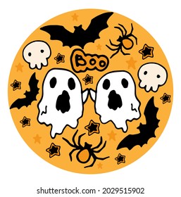 Vector round Halloween template made of doodle-style signs, spiders, and bats in white and black colors on an orange background for a Halloween holiday design template. the meeting of two ghosts